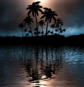 Night landscape with palm trees, against the backdrop of a neon sunset, stars. Stock Illustration