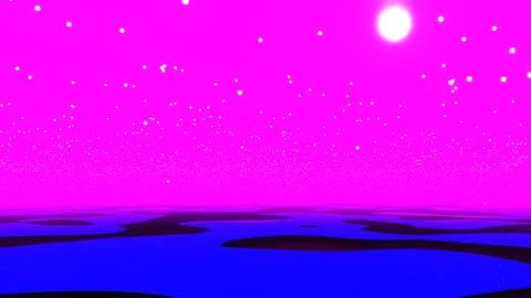 Night landscape pink sky, reflection in water and mystical sci-fi flying Illustrazione stock