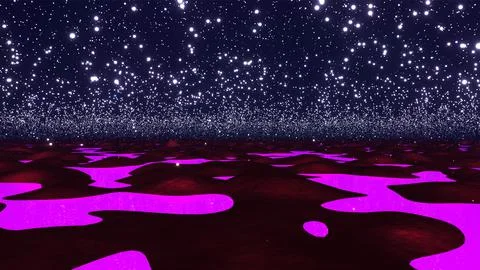 Night landscape sky, reflection in water and mystical sci-fi flying particles Stock Illustration