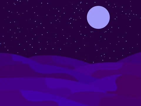 Night landscape with starry sky and moon, wavy desert landscape. Night view.. Stock Illustration
