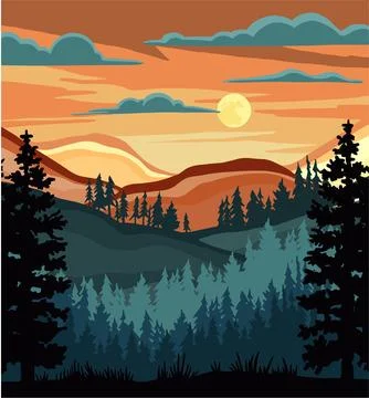 Night landscape with sunset, pine forest. linear vector illustration colored Stock Illustration