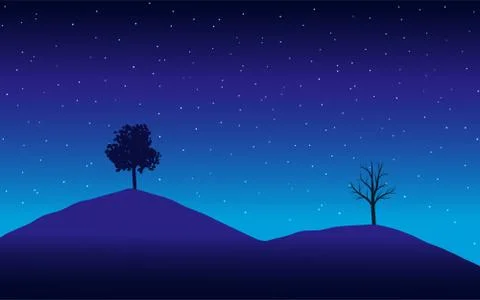 Night landscape with tree, dry tree on mountain. Illustrazione stock