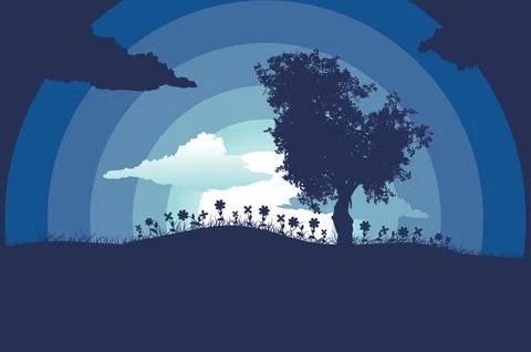 Night landscape with tree silhouette Stock Illustration