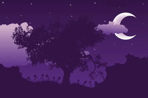 Night landscape with tree silhouette 스톡 일러스트