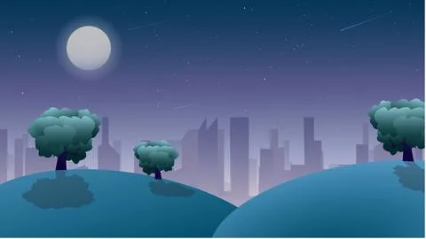 Night Landscape View, Cartoon Vector, Moonlight, Starlight, Calm Ambience Stock Illustration