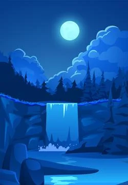 Night landscape with waterfall in the forest, flat vector illustration. Stock Illustration