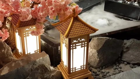 Night Lantern Garden Zen Style Pond With Cherry Blossom Tree And Fog Stock Footage 309640836