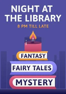 Night at library flyer with burning candle on books. Evening reading party Stock Illustration