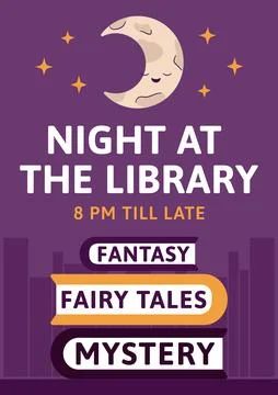 Night at library flyer, sleeping moon. Cute crescent. Fantasy reading event Stock Illustration