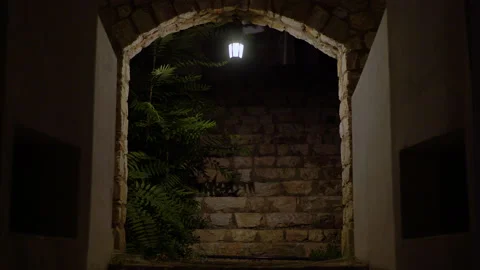 Night Light and wind at Stone Vaulted Building Stock Footage 140278915