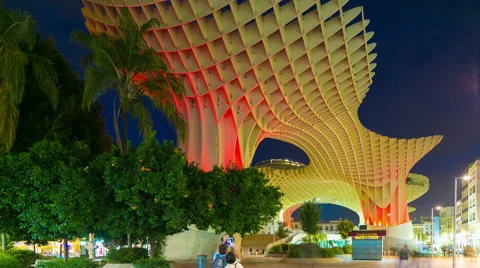Night light colored mandarin tree view on metropol parasol 4k time lapse spain 動画素材 48274167