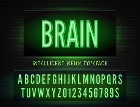 Night light glow font with numbers. Brain sign with green narrow neon alphabet Stock Illustration