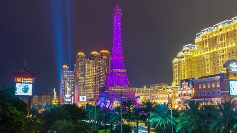 Night light macau taipa paris hotel panorama 4k time lapse china Stock Footage 73029865