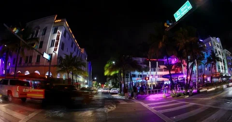 Night Light Miami Beach Ocean Drive Stock Footage 84005103