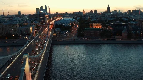 Night light moscow river krymsky bridge gorky park aerial panorama 4k russia 4k Stock Footage 79710101