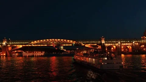 Night light moscow river krymsky bridge gorky park aerial panorama 4k russia Stock Footage