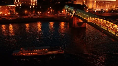 Night light moscow river krymsky bridge gorky park aerial panorama 4k russia Stock Footage 79735383
