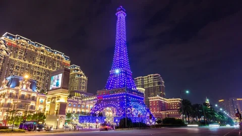 Night light paris style macau taipa hotel tower panorama 4k time lapse china Stock Footage 73028009
