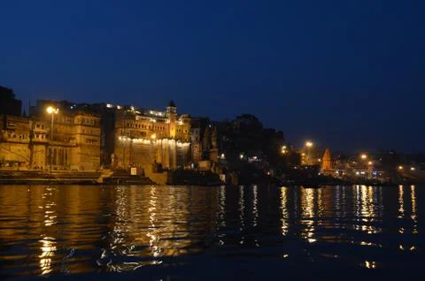 Night Light Reflections in The Ganges River in Varanasi, India Stock Photos