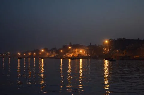 Night Light Reflections in The Ganges River in Varanasi, India Stock Photos