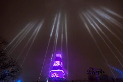 Night light show of the tower in Plovdiv, Bulgaria Stock Photos
