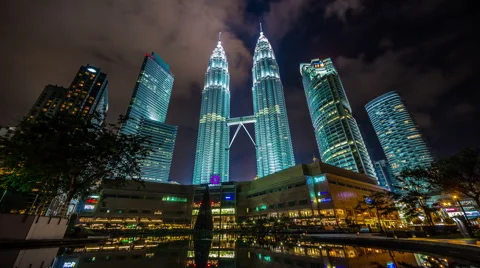 Night light sky panoramic towers view 4k time lapse from kuala lumpur city Stock Footage 46549725
