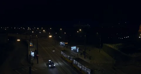 Night Light Traffic and Trams in European City Stock Footage 140371878