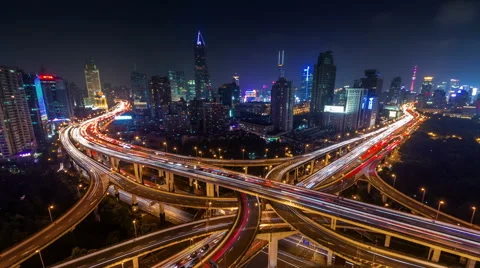 Night light traffic interchange road 4k time lapse from shanghai city Stock Footage 46555553