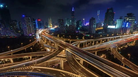 Night light traffic multi-level junction 4k time lapse from shanghai city Stock Footage 46555701