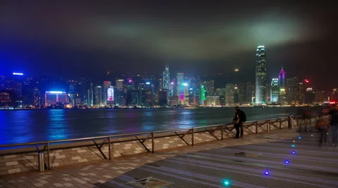 Night light walking bay panoramic 4k time lapse from hong kong Stock Footage 46549026