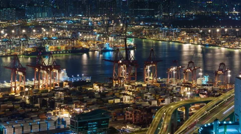 Night light working port 4k time lapse from hong kong Stock Footage 46546977