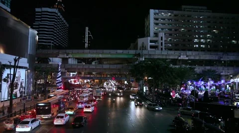 Night lights of Bangkok, engineering structures BTS Skytrain lines, buildings Stock Footage 46394615