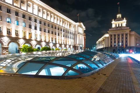 Night lights of Sofia city centre architecture, famous buildings Stock Photos