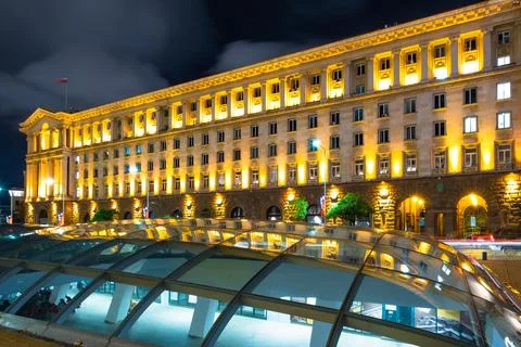 Night lights of Sofia city centre architecture, famous buildings Stock Photos