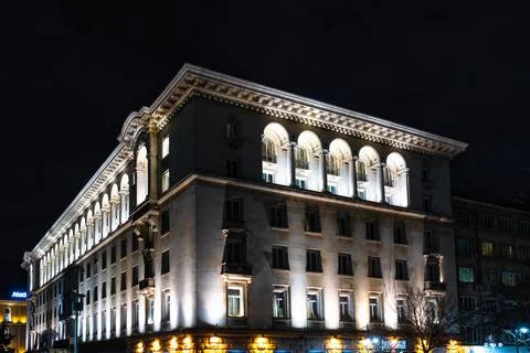 Night lights of Sofia city centre architecture, famous buildings Stock Photos