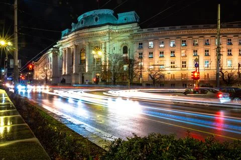 Night lights of Sofia city centre architecture, famous buildings Fotos de archivo