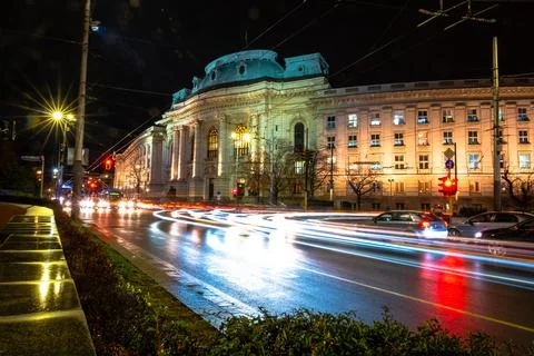 Night lights of Sofia city centre architecture, famous buildings Fotos de archivo