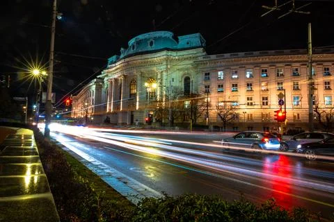 Night lights of Sofia city centre architecture, famous buildings Foto stock