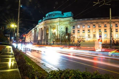 Night lights of Sofia city centre architecture, famous buildings Fotos de archivo