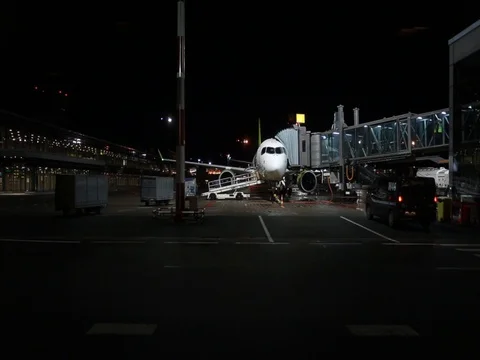 Night loading Luggage into a passenger plane 스톡 동영상 83060077