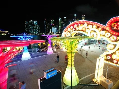 Night look down River Angbao festival 2020 entrance pan right timelapse Видео 124071928
