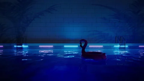 Night Luxury Pool 4K Loop - Black Flamingo &amp; Neon Blue Lighting - 3D Render Stock Footage 329478240