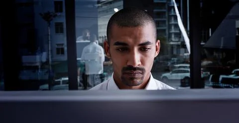 Night, man and coding in office with computer, software development or AI s.. Stock Photos