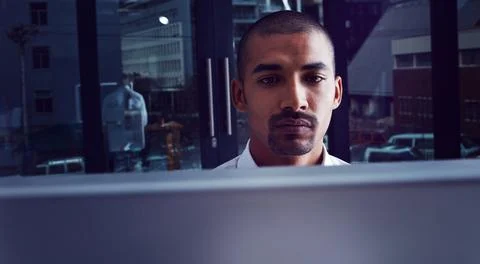 Night, man and developer in office with computer, programming and cloud com.. 스톡 사진