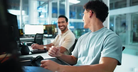 Night, man and programmer at computer with fist pump, work achievement and team Stock Footage 309047909