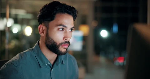 Night, man and research on computer in office for market timing, trade execution Stock Footage 336307430