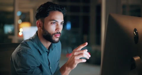 Night, man and review with computer in office for market timing, live price Stock Footage 336307365