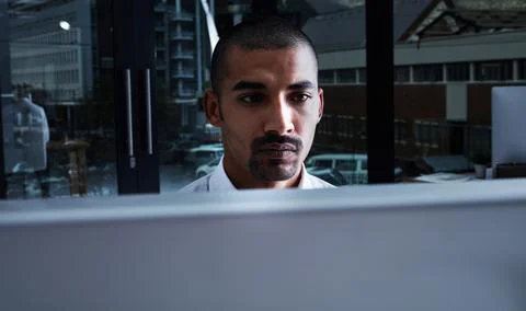 Night, man and software developer in office with computer, AI and cloud com.. Stock Photos