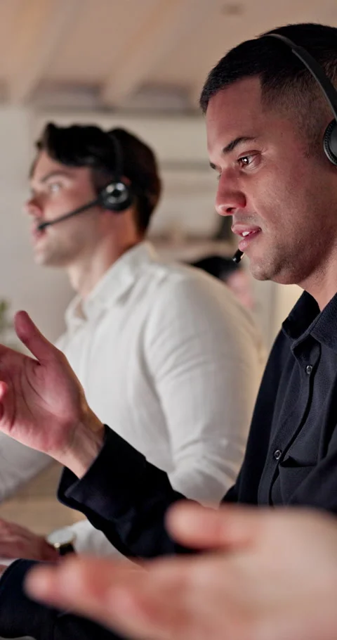 Night, man and talk in office with telemarketing, advice and explain insurance Stock Footage 337544273