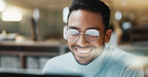 Night, man or happy with computer in office for breaking news, draft editing or Stock Photos